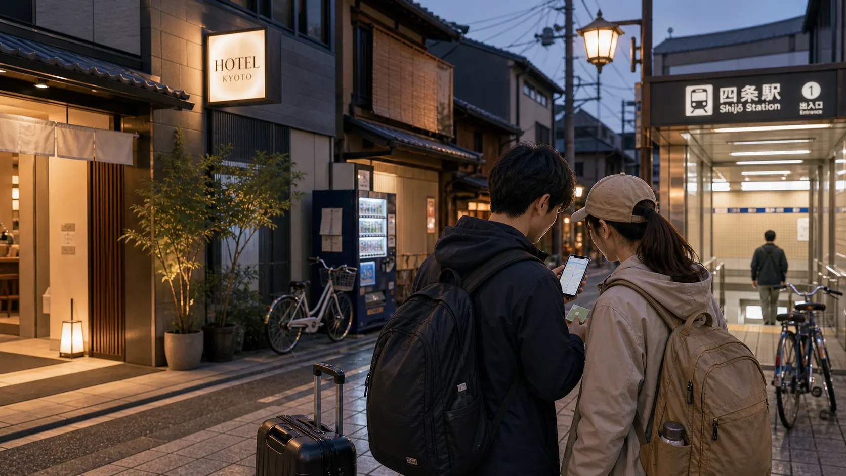 Travelers checking a hotel map near a Kyoto station entrance
