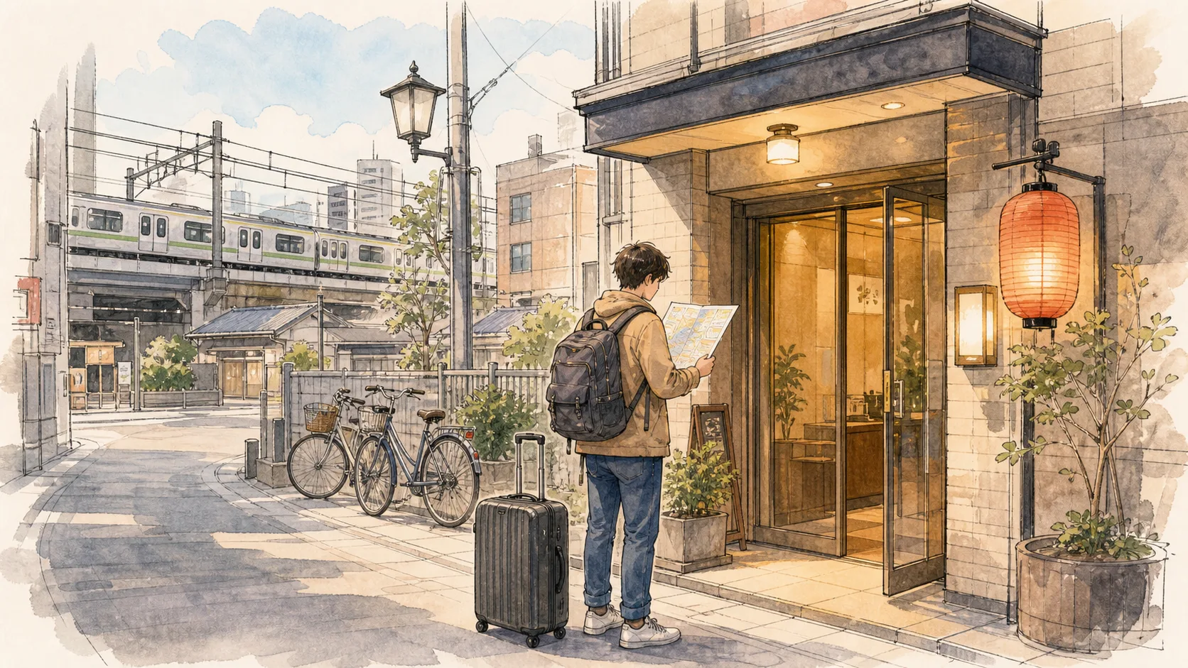 Budget hotel street near a Tokyo train station